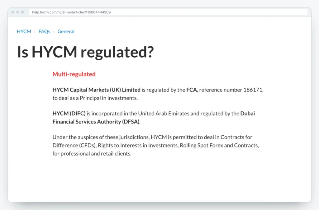 صفحه Is HYCM regulated در مرکز راهنمای HYCM با مجوز FCA شماره ۱۸۶۱۷۱ و DFSA