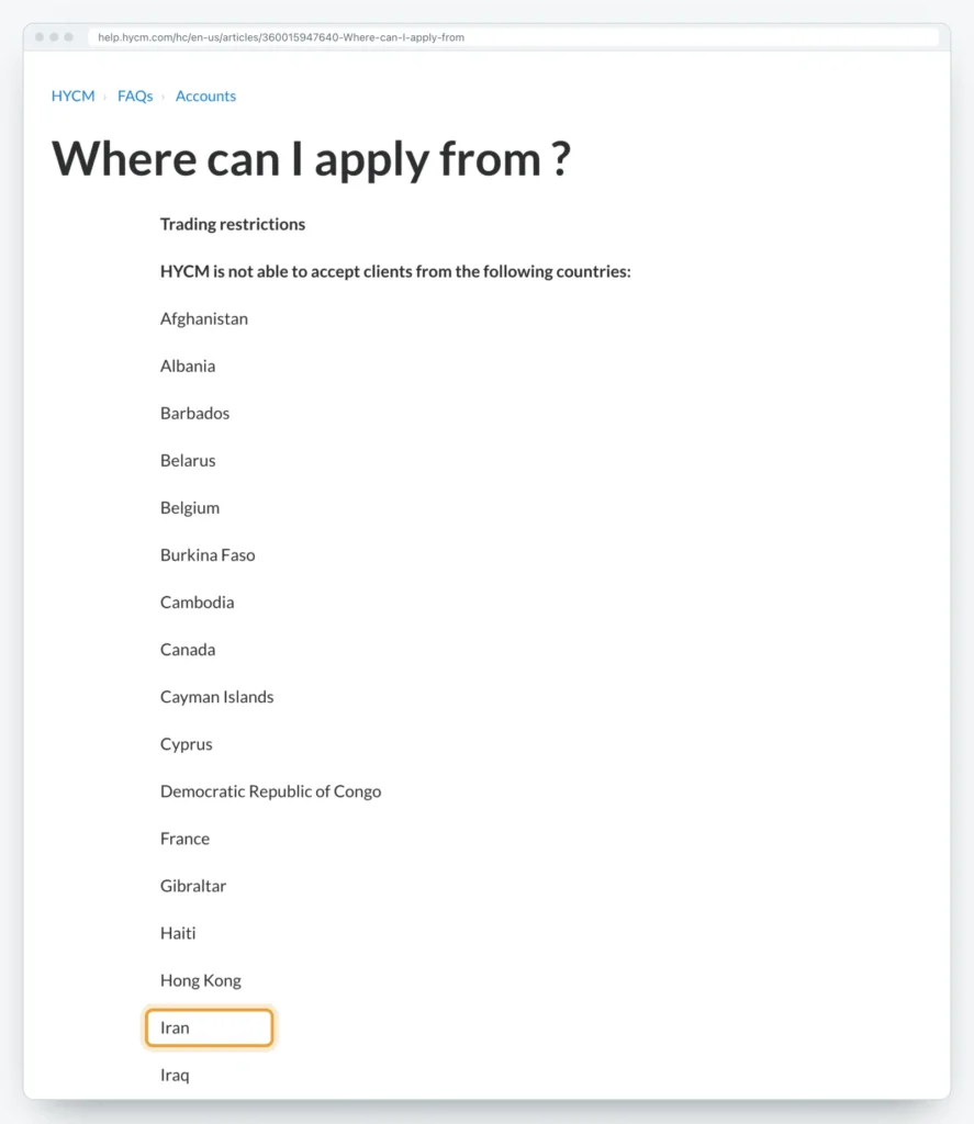 صفحه Where can I apply from در مرکز راهنمای HYCM؛ ایران در فهرست کشورهایی که HYCM از آن‌ها مشتری نمی‌پذیرد علامت خورده است